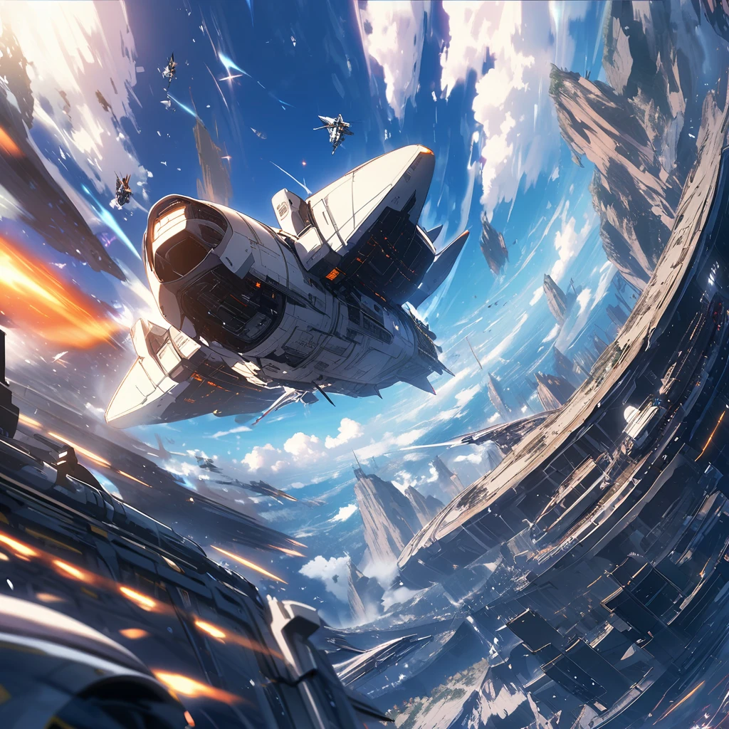 A victory scene in space with a giant spaceship in the background 