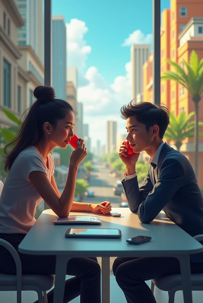 Generate an image of an Asian person talking on the phone with a Brazilian person, with them being in different locations.