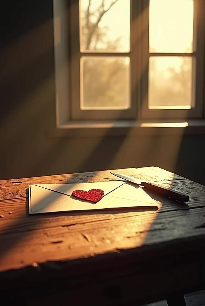 Generate an oak table which is illuminated in the center by the light of the sun through a window, In the middle of that illumination there is an envelope of a letter, In the center of the envelope there is a red heart, While next to the envelope there is a bloodstained knife