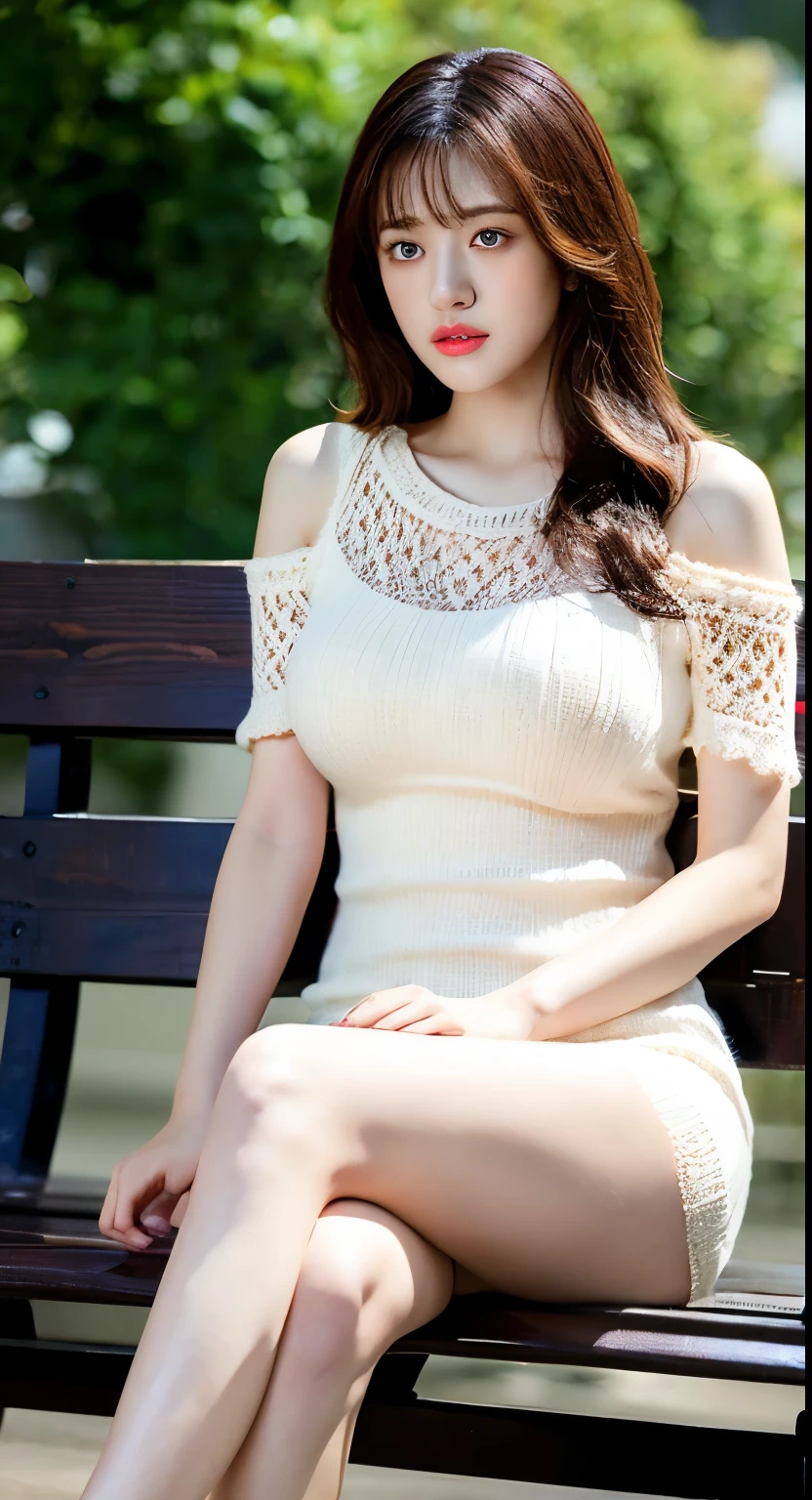 1girl in, Beautiful, Amazing face and eyes, makeup, Red shiny lips, (extremely detailed beautiful face), (The sexiest look), (Beautiful big breasts), (Knitted dresses、Tight:1.2), (Best Quality:1.4), (Ultra-detailed), (extremely detailed CG unified 8k wallpaper), Highly detailed, RAW Photos, Professional Photography, park bench,Sitting, (Spread your legs), (Sheer lace panties), a scene from a movie