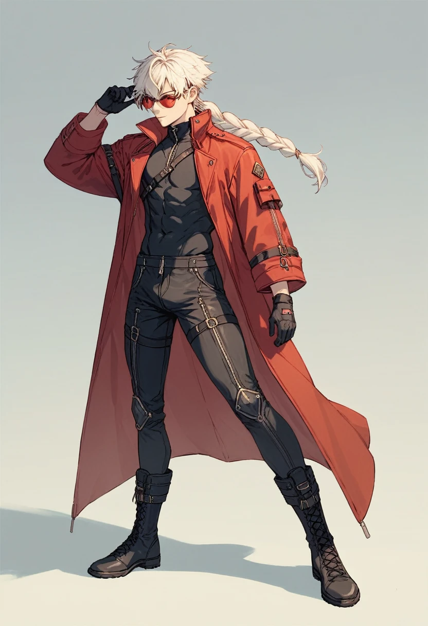 human Male ,Clear Skin , round Red SunGlasses , white hair,long braided ,zip Red Coat  , Black Gloves  , Black boots , Full body ,pose , Black shirt 