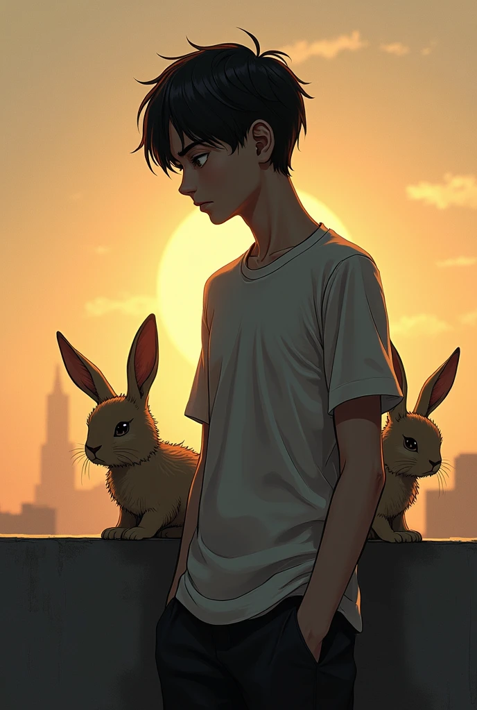an easy drawing to replicate of a young man standing on a balcony, the young man's expression is somber looking down with rabbits behind him watching him as if with suspense