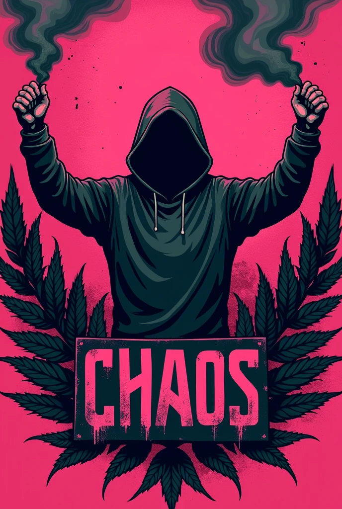 coat of arms with a crown of leaves on the sides and a hooded Hooligan Ultras style football fan with smoke sticks in his hands
celebrating and a banner written Chaos, all in pink and black