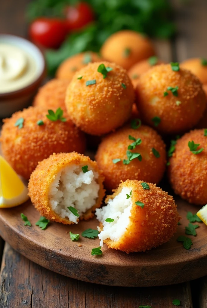 Cria bolinhos de peixe croquetes, douradinhos, fritos, 