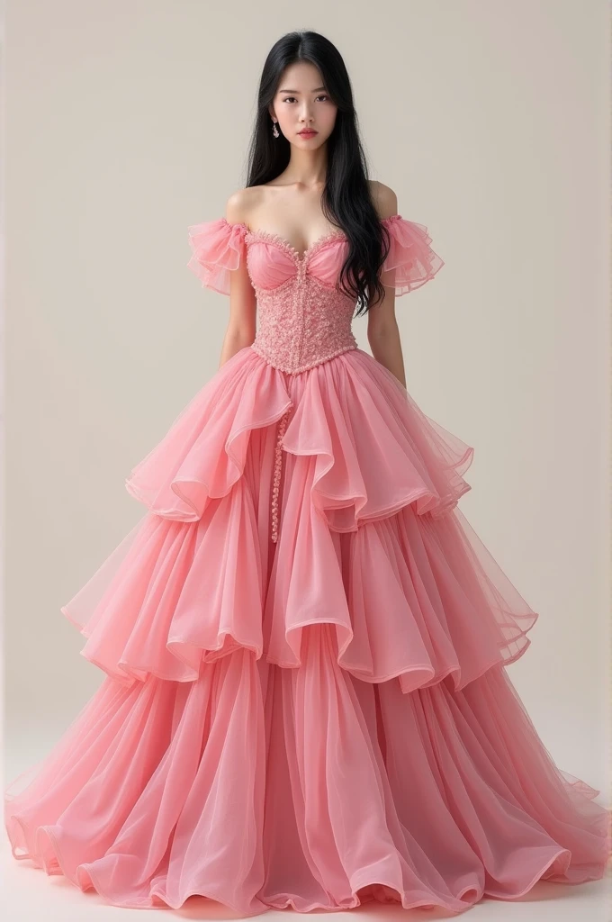 A debutante wearing a short-sleeved, very full, pink party dress, with long, straight black hair, dark almond eyes, fair skin, and a straight face, fully body 

