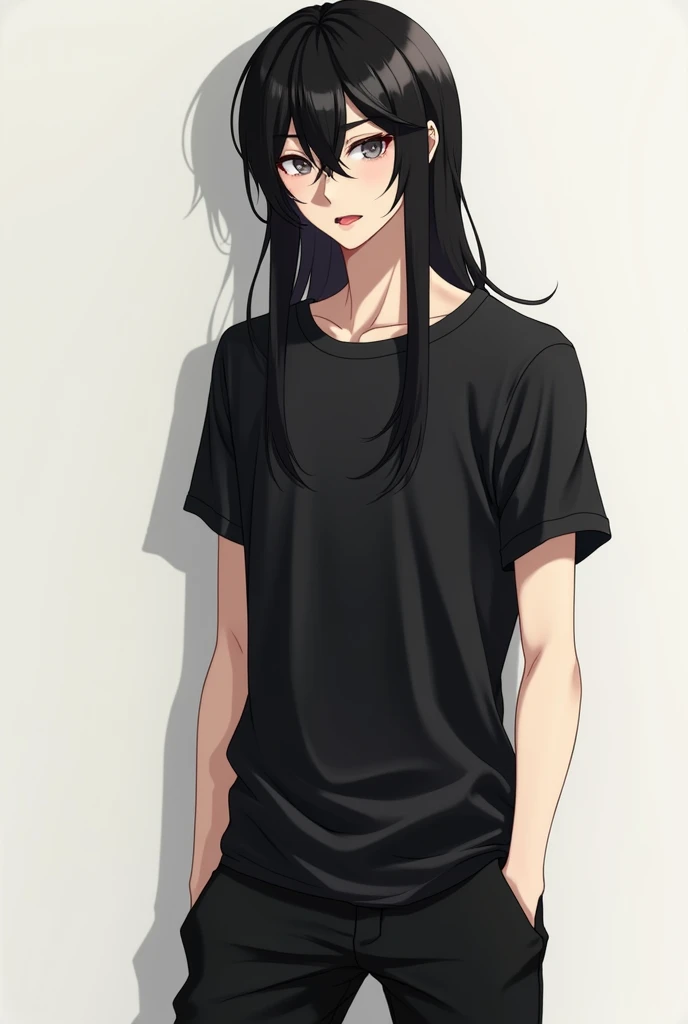 man, full length, anime, young, long black hair to the shoulders, beautiful facial features, grey eyes, thin build, realistically, shows tongue, sexual,  masterpiece, in a black T-shirt and loose black leggings.