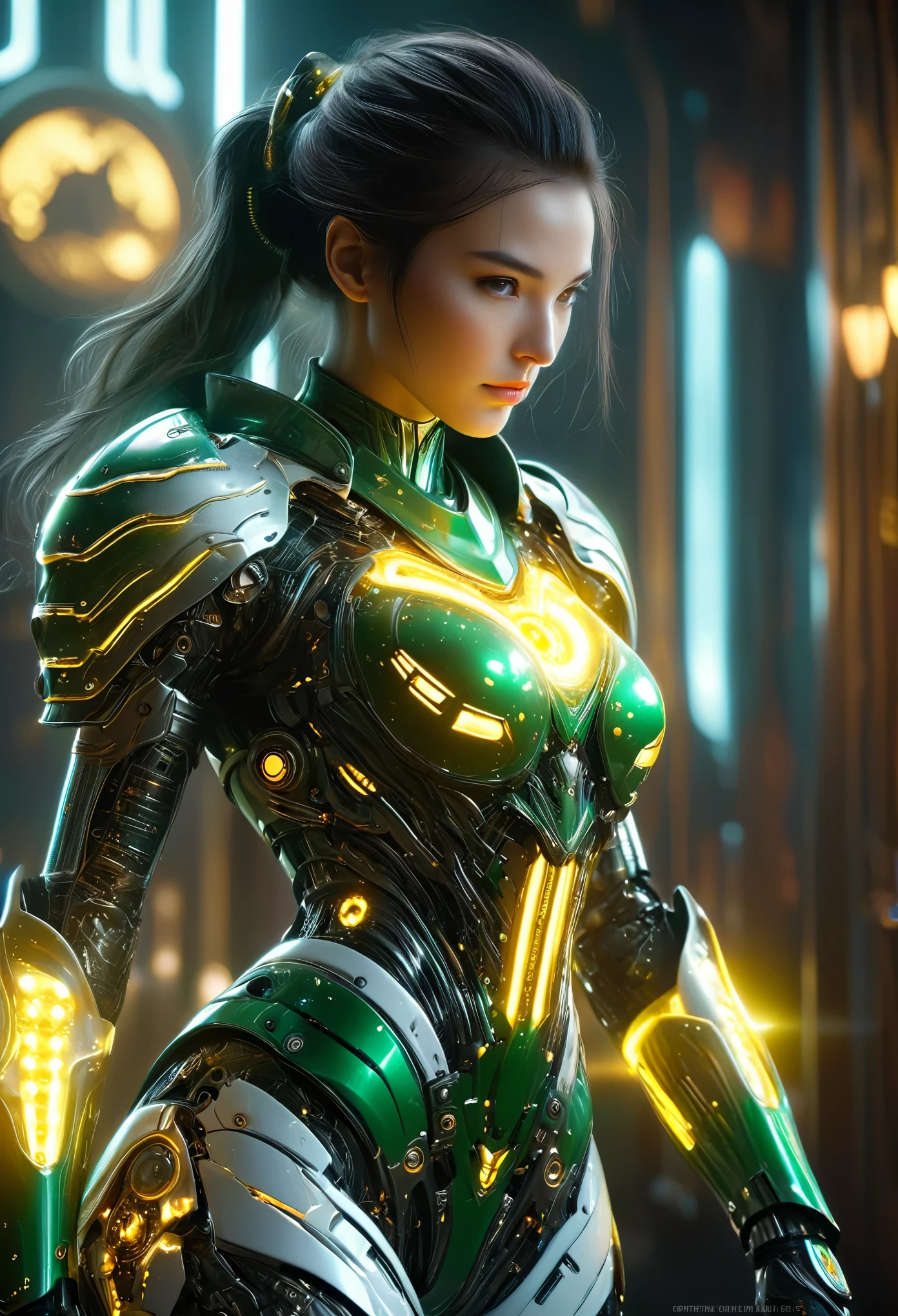 (Best Quality, 4K, 8K, High Resolution, Masterpiece: 1.2), (Super Detailed, Realistic, Photorealistic:1.37), A woman in futuristic clothing, (erotic and sexy:1.4), Trending on cgstation, Trending on cgstation, (Portrait of a girl in the Knights of the Zodiac:1.4), (blunt bangs:1.7), Cute Cyborg Girl, Perfect android girl, Portrait Astronaut Girl, Beautiful girl cyborg, Girl wearing iridescent green yellow and black and white mechanical cyber armor, Game CG, cgsociety and fenghua zhong, Beautiful Cyborg Shrine Maiden, Bioluminescence, (Gal Gadot:0.6), Anatomically correct grip, Anatomically correct four fingers and one thumb, (long claws:1.4), erotic and sexy, A gorgeous cape with beautifully detailed embroidery, energy ball
