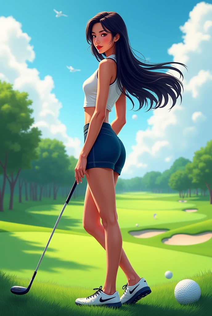 Make an Asian female model photo for a golf tournament poster, Full shot, The clothes are short skirts, sexy body, Make a golf ball in the background, nike golf shoes,