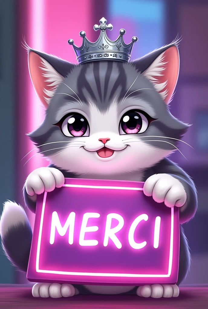 ICONE D un chat gris et blanc syberien qui fait un clin d oeil avec une couronne vraiment trop mignon en argent en dessin manga qui tient une pancarte entoure de neon violet avec écrit "MERCI" dessus VRAIMENT ACCENTUER SUR LE COTE DESSIN ANIME KAWAY