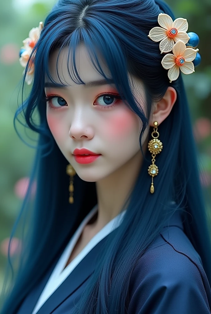 A beautiful woman with Asian features with long, deep blue hair. She has a center-parted fringe and long, loose, almost wavy hair.. Blue eyes that match his hair and gold floral ornaments with four gold petals and blue gems in the center. pink lips, wearing a dark navy blue haori. He has red makeup on his eyes. real life. Whole body