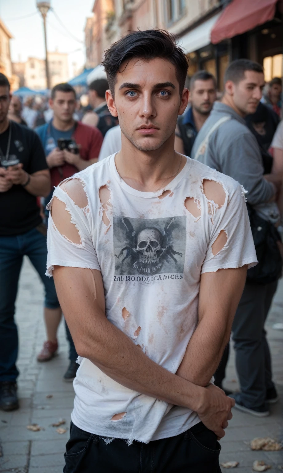 score_9, score_8_up, score_7_up, photo, man, middle-aged, black hair, short haircut, scared, torn t-shirt, dirty t-shirt, standing in a crowd of zombies, (against the background of a crowd of zombies), looking at the viewer, post-apocalypse, zombies, gloomy photo