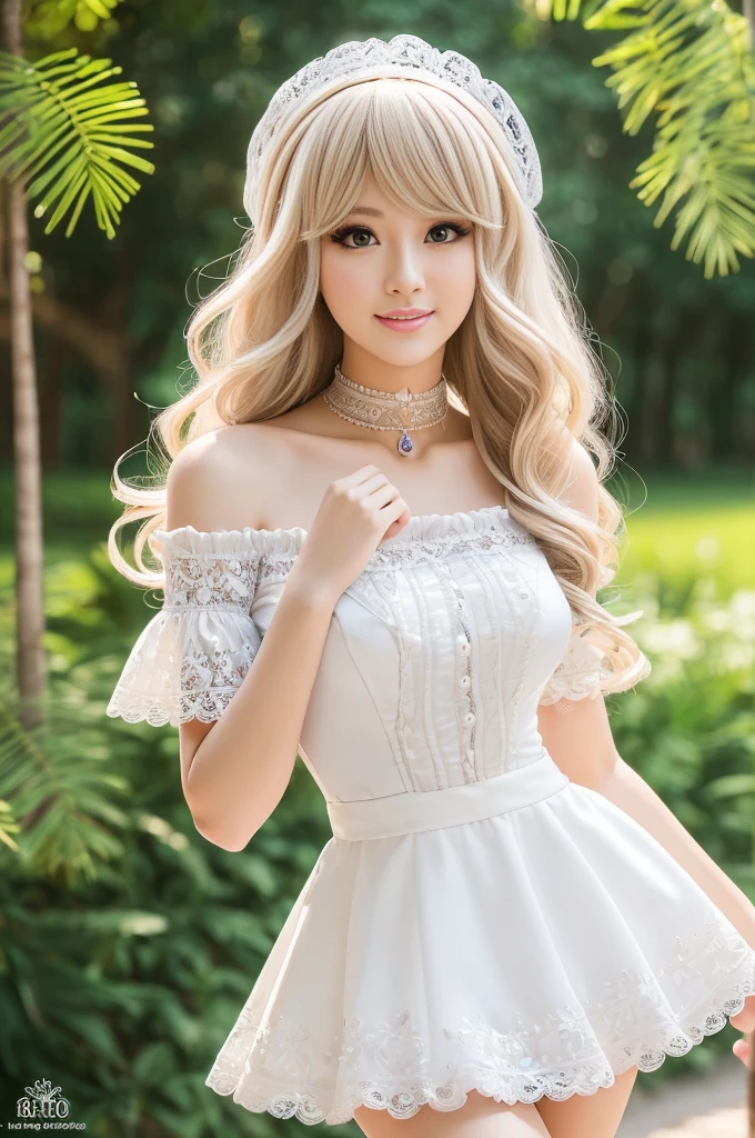 ((Best quality, 8k, Masterpiece, Sharp focus, 35mm lens, f/0.8, amazing beautiful perfect figure :1.4)), side lighting, sexy stylish Italian model, ((bright smile)), ((beautiful detailed Victorian-Style boots)), Highly detailed face and skin texture:1.2, super detailed eyes:1.2, super detailed skin, shiny skin:1.2, Blushing ,long lashes:1.2, high-fidelity bangs, brilliant light blonde long random hairstyle, ((sexy Paradise Kiss cosplay)), bell-shaped skirt, petticoats, high neckline, puffed sleeves, (( ultra detailed lace)), ((ultra detailed embroidery)), intricate details, Paradise Kiss accessoires and matching headpiece, choker, ((large sparkling Paradise Kiss jewelry)), cinematic light, detailed large park background with trees