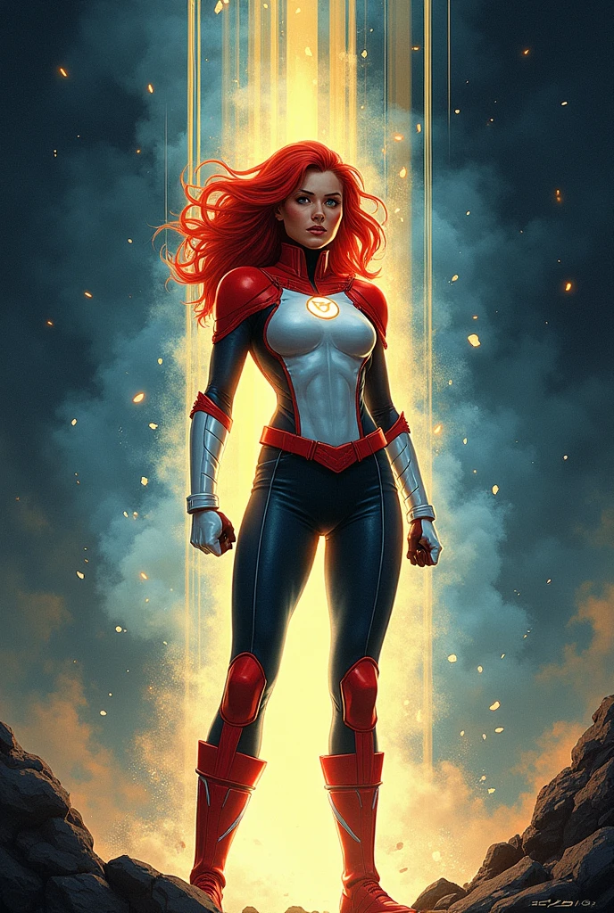 Generate an image of a comic book cover in the style of the 80s, where the superhero is a woman and her power is light and her hair color is red, and the villain is darkness, Put the name of the comic