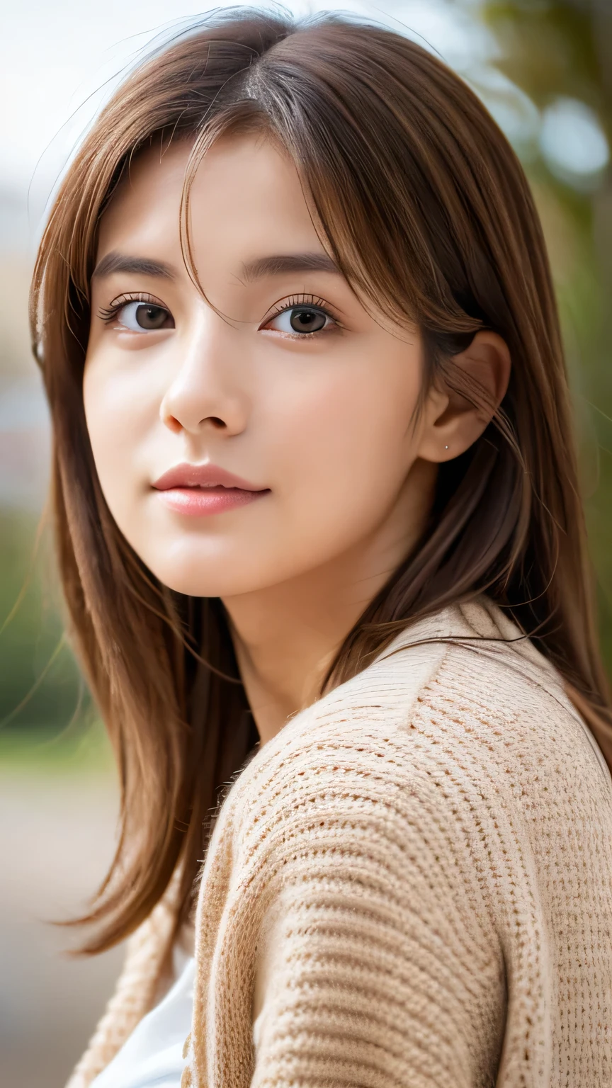 8k, highest quality, masterpiece, Realistic, Photorealistic, Ultra-detailed, Natural light, Highly detailed face and skin, Detailed Eyes, Highly detailed face and skin mid-shot, Beautiful woman looking at the camera, Sexy pose, Beautiful Face, Realistic Face, Detailed face, Beautiful Hairstyles, realistic eyes, Fine grain, Realistic Skin, Fine skin, Beautiful Skin, Charm, 超Realistic, Sexy Cardigan, ???, brown hair, Cute Japanese Girl, Full Body
