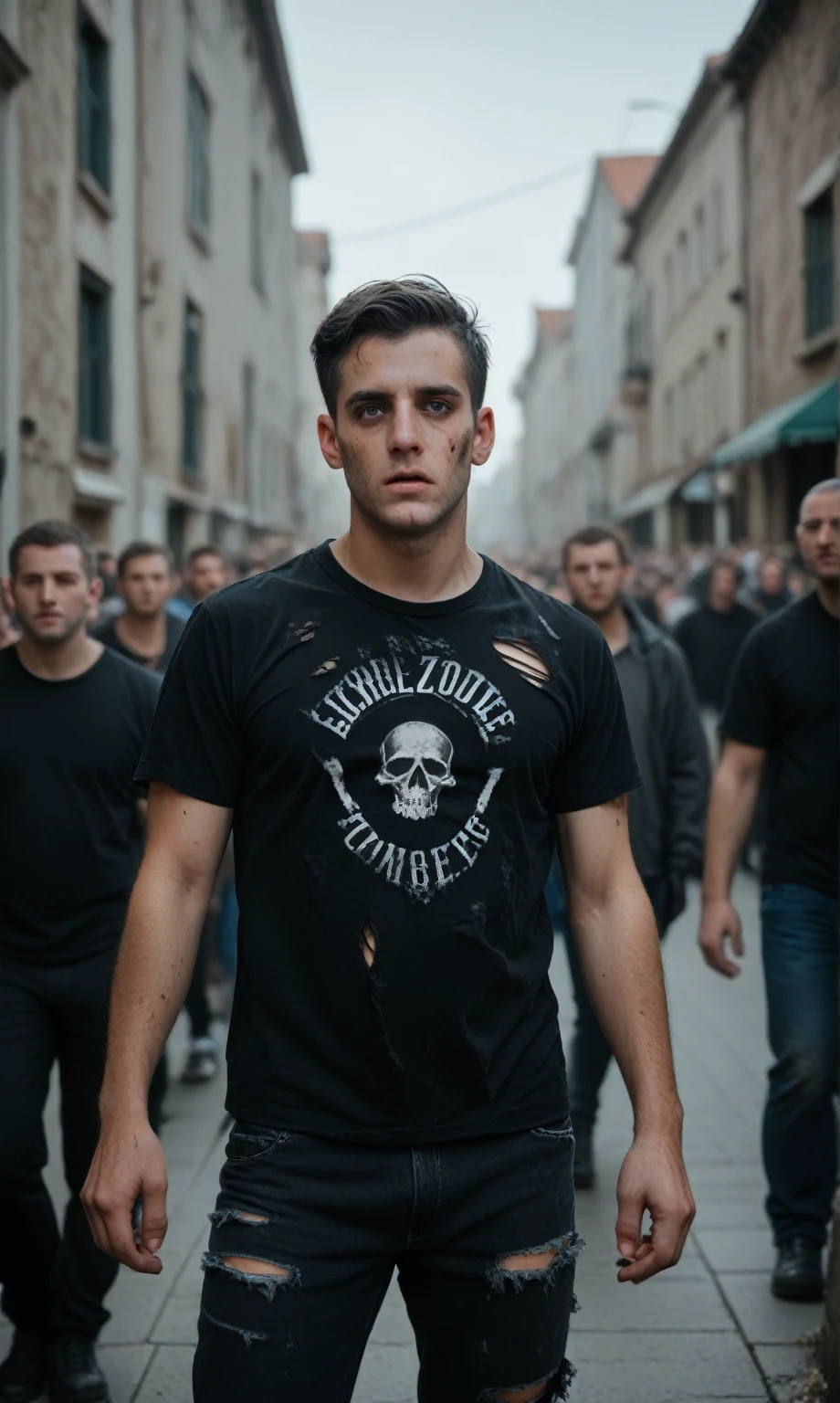 score_9, score_8_up, score_7_up, photo, man, middle-aged, black hair, short haircut, scared, torn t-shirt, dirty t-shirt, standing in a crowd of zombies, (against the background of a crowd of zombies), looking at the viewer, post-apocalypse, zombies, gloomy photo