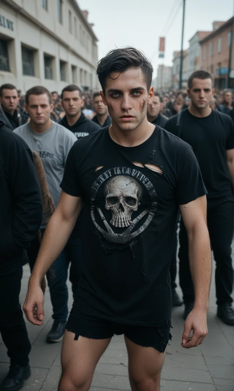 score_9, score_8_up, score_7_up, photo, man, middle-aged, black hair, short haircut, scared, torn t-shirt, dirty t-shirt, standing in a crowd of zombies, (against the background of a crowd of zombies), looking at the viewer, post-apocalypse, zombies, gloomy photo