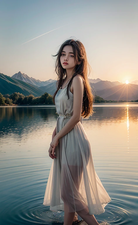 1 girl, serene expression, mesmerizing eyes, long straight hair, flowing dress, poised posture, Porcelain Skin, blush sutil, BREAK golden hour crystal pendant, (rim lighting):1.2, warm hues, sun glare, softshadows, swirly vibrant colors, pictorial effect, dreamy atmosphere BREAK panoramic lake, distant mountains, willow tree, calm waters, reflection, sunlit clouds, tranquil atmosphere, idyllic sunset, ultra detaild, offcial art, unity wallpaper 8k
, Zentangle, mandala