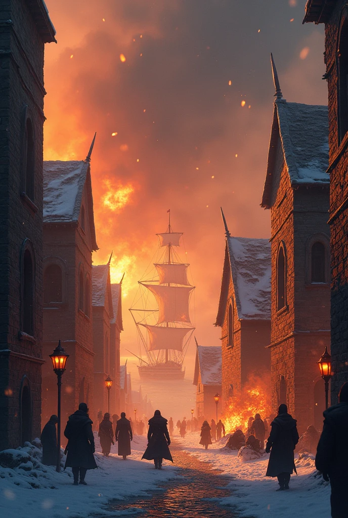 medieval city on fire in winter while it snows, with a floating harbor in the background