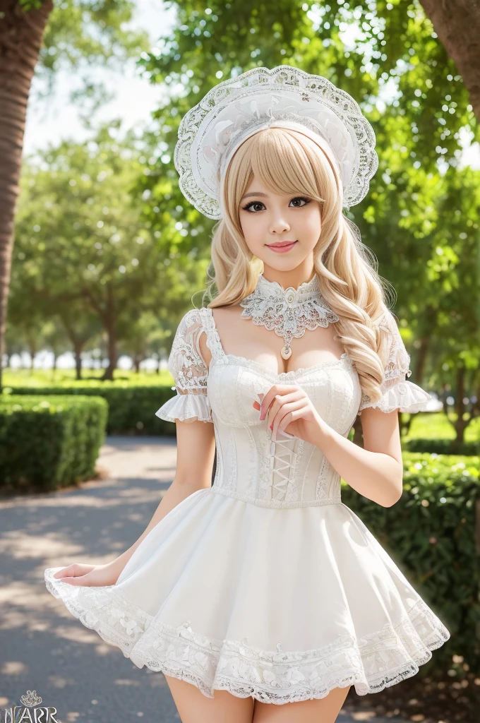 ((Best quality, 8k, Masterpiece, Sharp focus, 35mm lens, f/0.8, amazing beautiful perfect figure :1.4)), side lighting, sexy stylish Swedish model, ((bright smile)), ((beautiful detailed Victorian-Style boots)), Highly detailed face and skin texture:1.2, super detailed eyes:1.2, super detailed skin, shiny skin:1.2, Blushing ,long lashes:1.2, high-fidelity bangs, brilliant light blonde long random hairstyle, ((sexy Paradise Kiss cosplay)), bell-shaped skirt, petticoats, high neckline, puffed sleeves, (( ultra detailed lace)), ((ultra detailed embroidery)), intricate details, Paradise Kiss accessoires and matching headpiece, choker, ((large sparkling Paradise Kiss jewelry)), cinematic light, detailed large park background with trees