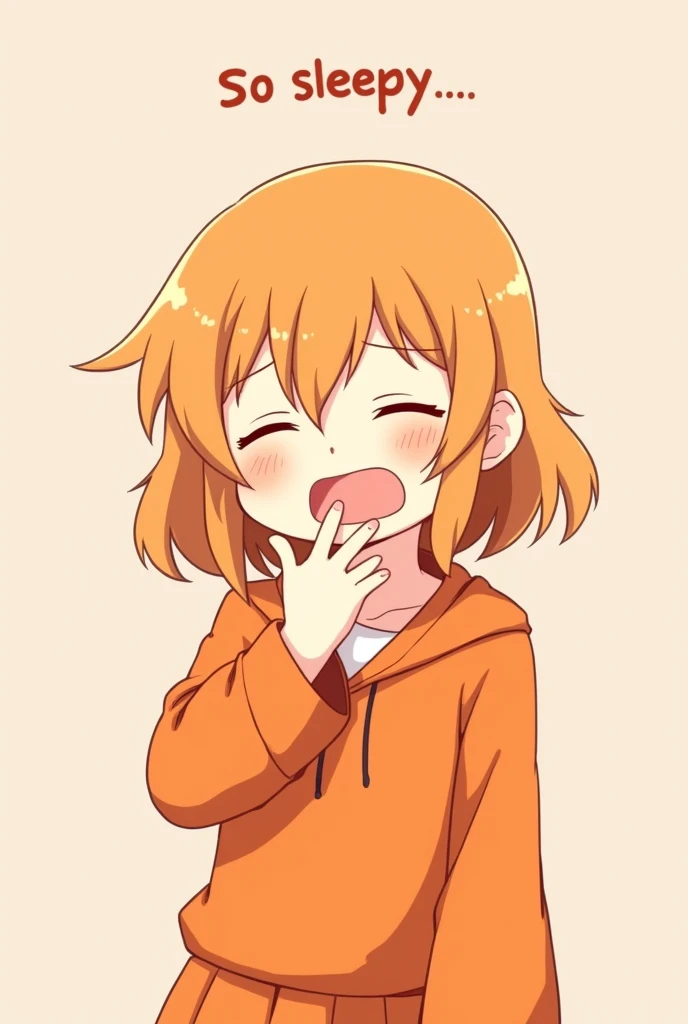 Anime girl, short, lovely, beautiful, mặc trang phục deep orange, tóc deep orange, sleepy, Yawning and spreading out 5 fingers to cover her mouth. There is a line of text above " So sleepy..." deep orange
