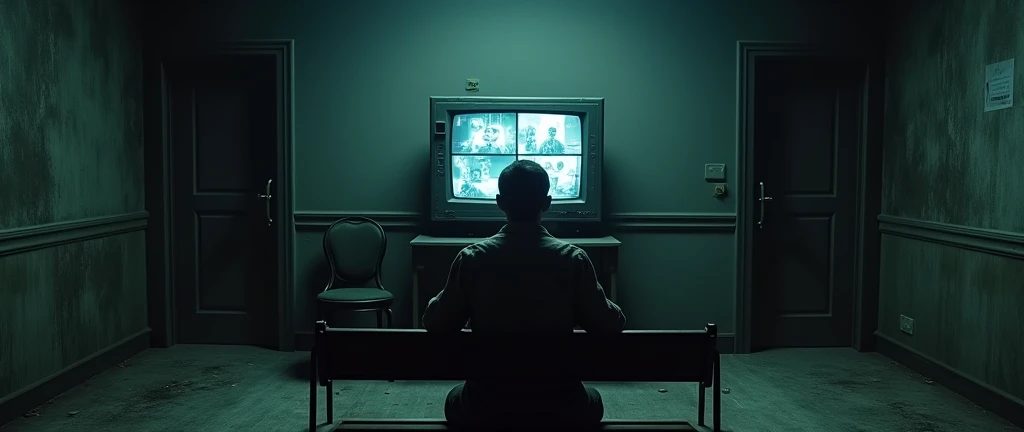 I want a realistic image of an office inside a dark and gloomy house. The image needs to be in first person (view as if the person was inside the room, looking straight ahead), with a bench and a monitor (screen) old to look at the security cameras in the middle, and two doors on the sides of the bench.