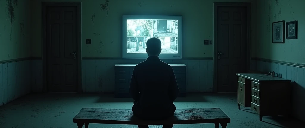 I want a realistic image of an office inside a dark and gloomy house. The image needs to be in first person (view as if the person was inside the room, looking straight ahead), with a bench and a monitor (screen) old to look at the security cameras in the middle, and two doors on the sides of the bench.