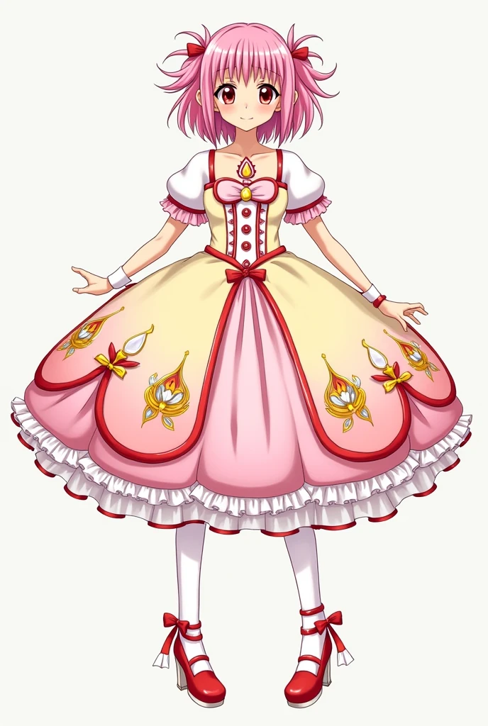 Madoka Kaname, She is a 14 year old magical age girl. She has short pastel pink hair, gathered by two short pigtails, the color of the ribbon of the pigtails is red; His face is semi-square, refined nose, pastel pink eyes, Short neck; on the bare chest it has its soul gem, which is in the shape of an inverted drop with a small circle attached to the lower edge of the drop, The inside of the circle and the drop is pastel pink with gold edges; her dress has very padded white shoulder pads with a red ribbon near the edges, the edge is folded with the upper fold white and the lower fold pastel pink; Her dress is classic style; The men's cut with the dress is a pastel pink ribbon; the upper front part of the dress is a pastel yellow corset, it has a white row in the center with "pink buttons", The edges of the yellow part have white folds; The back of the top of the dress is pastel pink and starts from the ribs to the back; the bottom, It is a very fluffy short lolityle skirt; The skirt is divided into two parts; The super part of the skirt refers to a six-petal flower, the flower is pastel pink, with red edges, On each petal near the edges there is a design of three white teardrops, a los lados de las costillas en the bottom junto a la parte superior de la falda hay dos moños grandes color rojo; the bottom de la falda es super esponjosa y el borde está bordado a pliegues de color blanco; She has long stockings below the knees with the upper edges having white folds.; Her heels are red, round-toed school style, The top of the heels are two ribbons that wrap around the calves and end in two bows on the side..