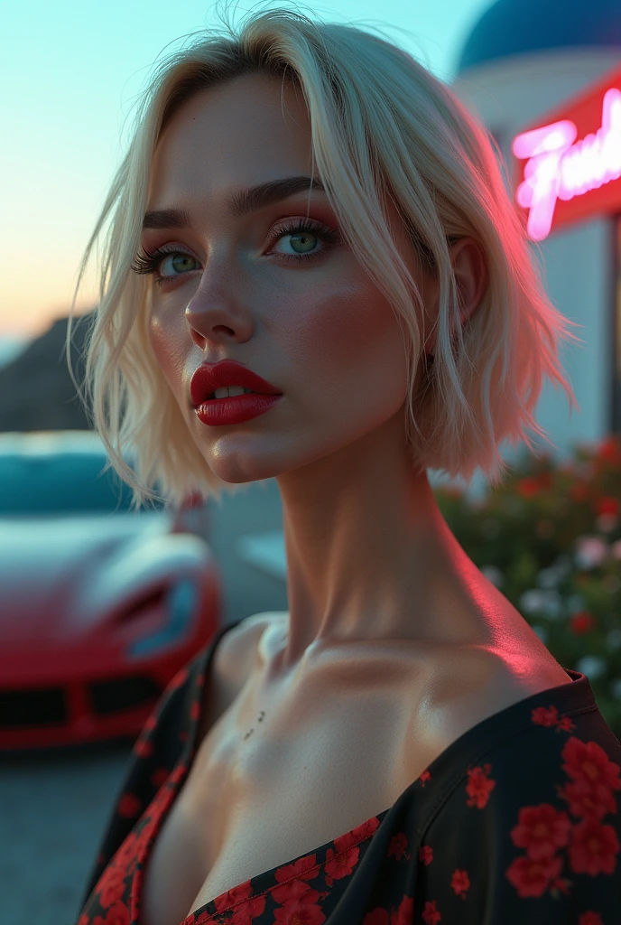 santorini, greece, cyberpunk style, , neon lights, cinematic lighting. Russian women big pumped lips red lipstick super big fake lips bob cut hairstyle blonde hair big green eyes forehead is slightly arched, giving my face a distinctive shape. It flows seamlessly into my high, defined eyebrows. The bridge of my nose is straight and symmetrical, leading up to a pointed tip. My nostrils are small and delicate, adding character without being overwhelming. My cheekbones are prominent, highlighting my large, round eyes even further. My jawline is strong and defined, giving my face a masculine edge despite its feminine features. My neck is long and graceful, flowing effortlessly into my shoulders. flower garden , big fake lips big size lip big pumped lips red lipstick cleavage sweat in forhead , Ferrari car , luxury car