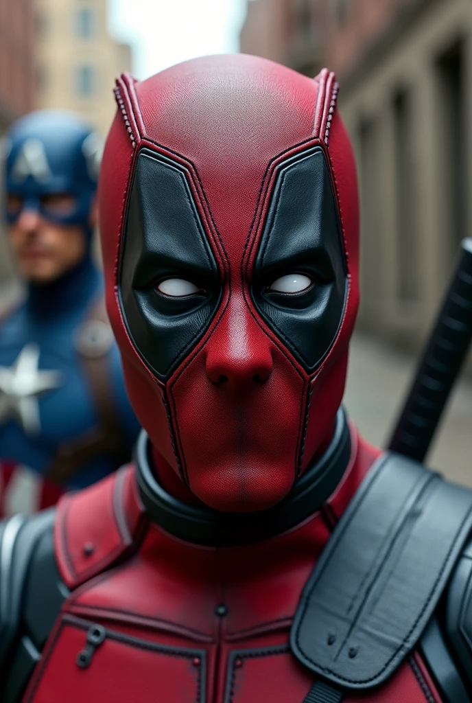 crie deadpool, without mask looking at me, in the background, Captain America appearing, centered and realistic 4k image