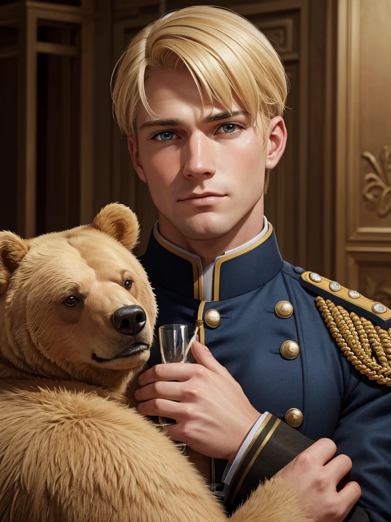 blond man in military uniform of the 19th century with a glass in hand (hugging a big bear), brave face, detailed face, high details, photorealistic, high quality