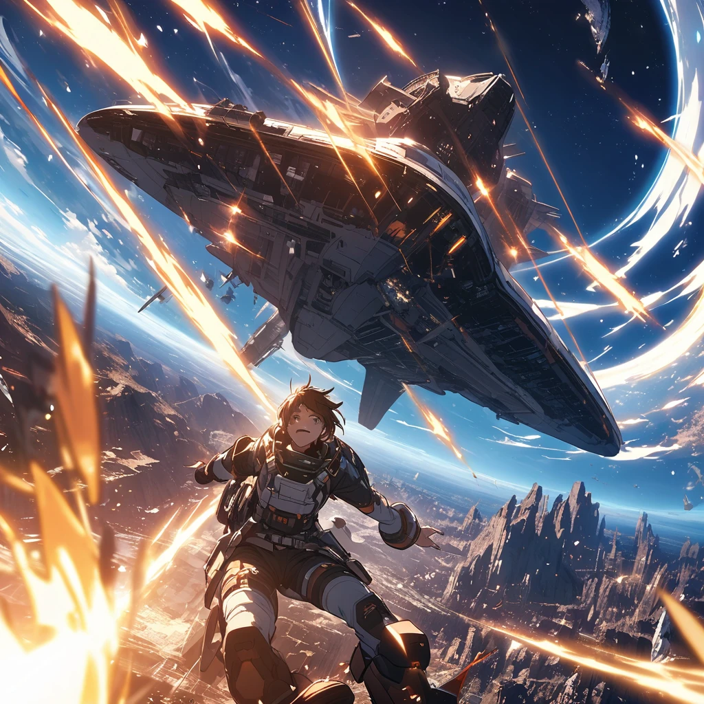 A victory scene in space with a giant spaceship in the background
