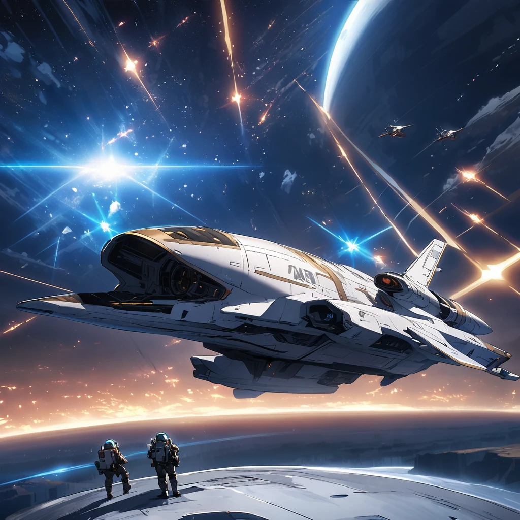 A victory scene in space with a giant spaceship in the background