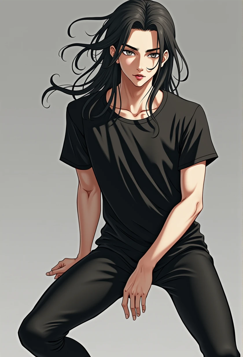 man, full length, anime, young, long black hair to the shoulders, beautiful facial features, grey eyes, thin build, realistically, shows tongue, sexual, masterpiece, in a black T-shirt and loose black leggings.