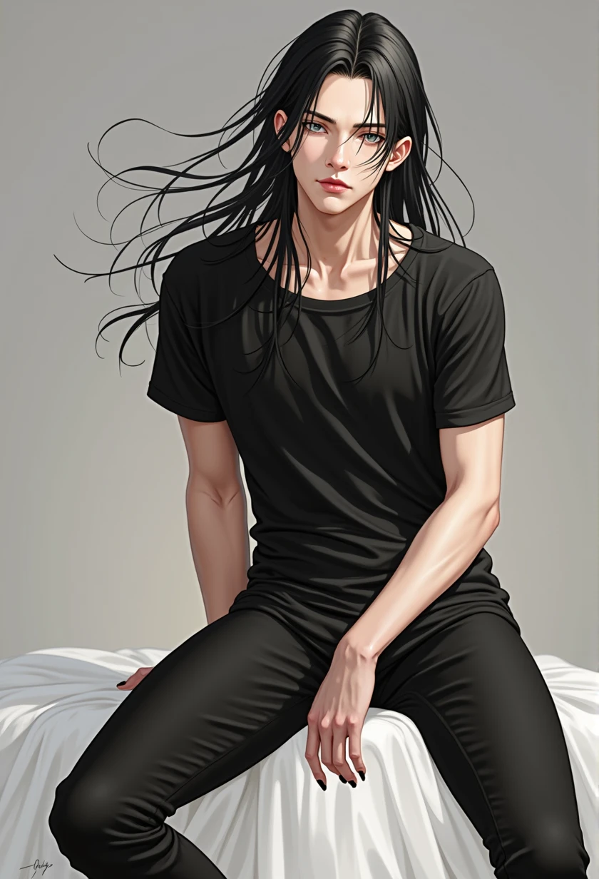 man, full length, anime, young, long black hair to the shoulders, beautiful facial features, grey eyes, thin build, realistically, shows tongue, sexual, masterpiece, in a black T-shirt and loose black leggings.