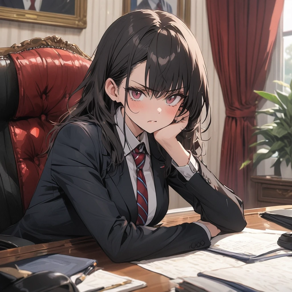 Woman of serious expression, wearing a suit and tie in the Oval Office