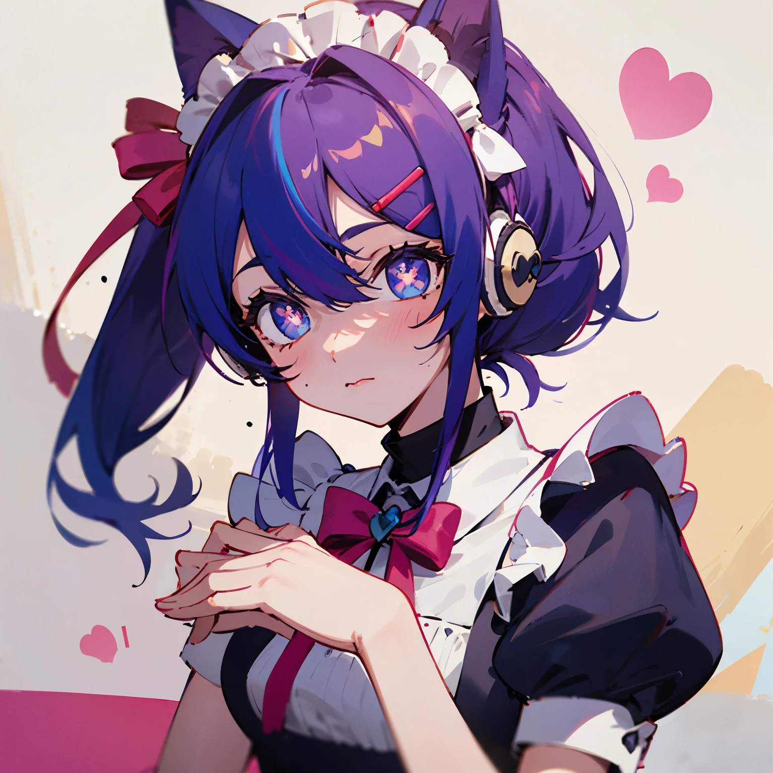 rainbow hair, Ponytail, hairclip, hair ribbon, bow, maid headdress, Goggles, Mole under the eye, heart-shaped pupils, cat ear headphones, bored