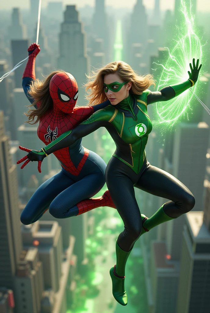(photorealism:1.2), Spider-Woman swinging on her web alongside Green Lantern woman