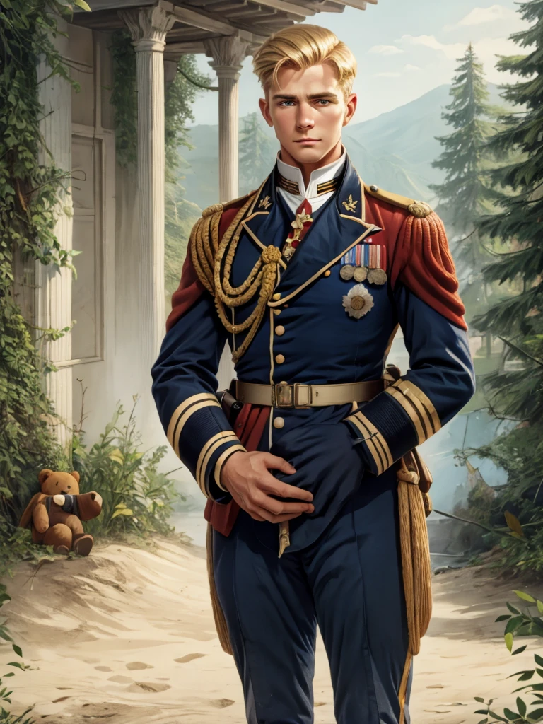 blond man in military uniform of the 19th century with a glass in hand (hugging a big bear), brave face, detailed face, high details, photorealistic, high quality