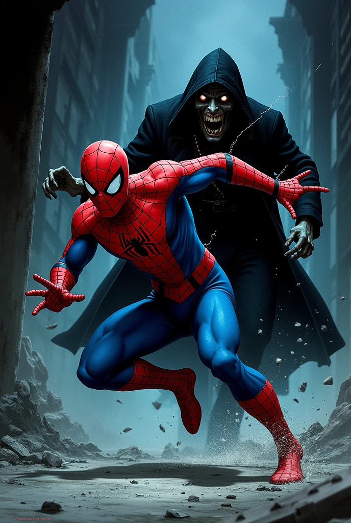 Make an image of the macabre Mr. Destiny chasing Spider-Man who grabbed the advanced profile picture box