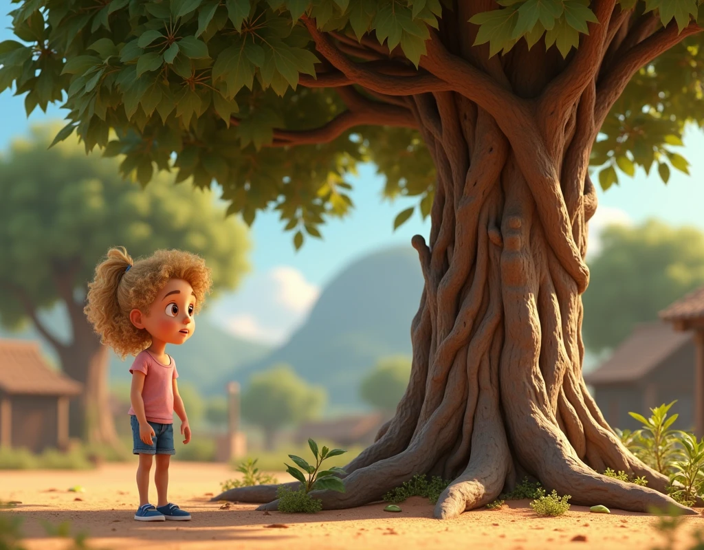 Princess Disney-style, high detailed, create a girl, 10 years old, with blonde curly hair, hazel eyes, wearing a light pink T-shirt, short jeans and blue shoes. She stands beside a wise old tree at the edge of the garden. The tree, with its thick trunk and spreading branches, is speaking to Ayla, explaining that the garden’s water comes from an underground spring, but something is blocking it. Ayla listens attentively, with a determined expression, as she prepares to search for the blockage. The scene is set in the dry garden, with the tree standing tall and ancient. 3D Illustration Animation, Pixar style.