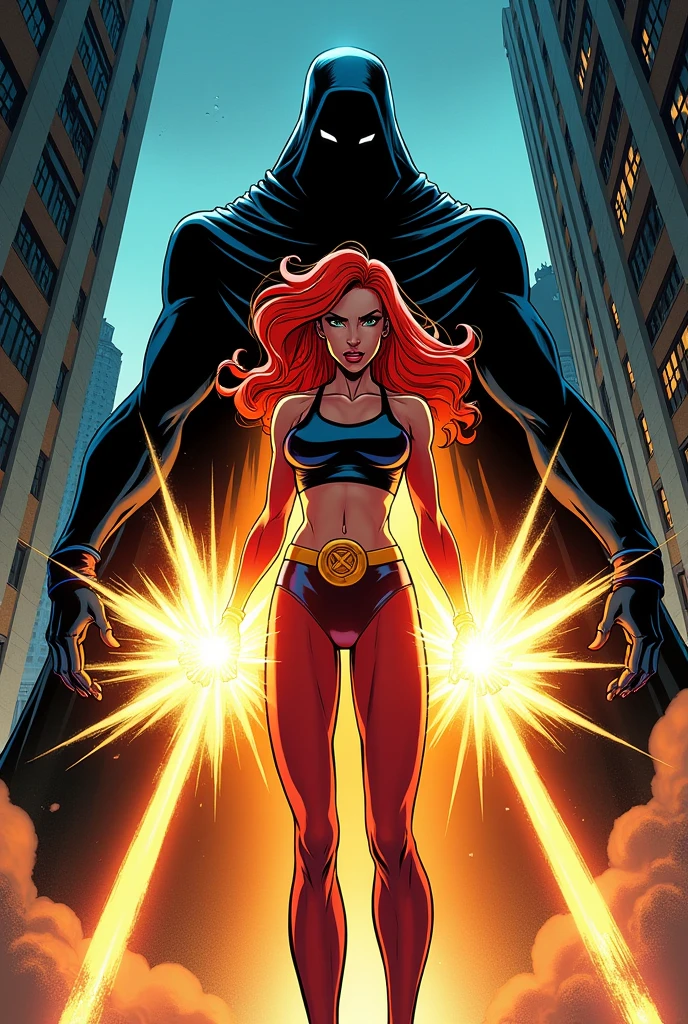 Generate an image of a comic book cover in the style of the 80s, where the superhero is a woman and her power is light and her hair color is red, and the villain is darkness, Put the name of the comic, The name is missing