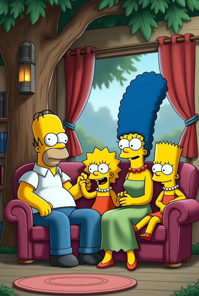 The Simpsons are sitting on the couch in their treehouse. 
