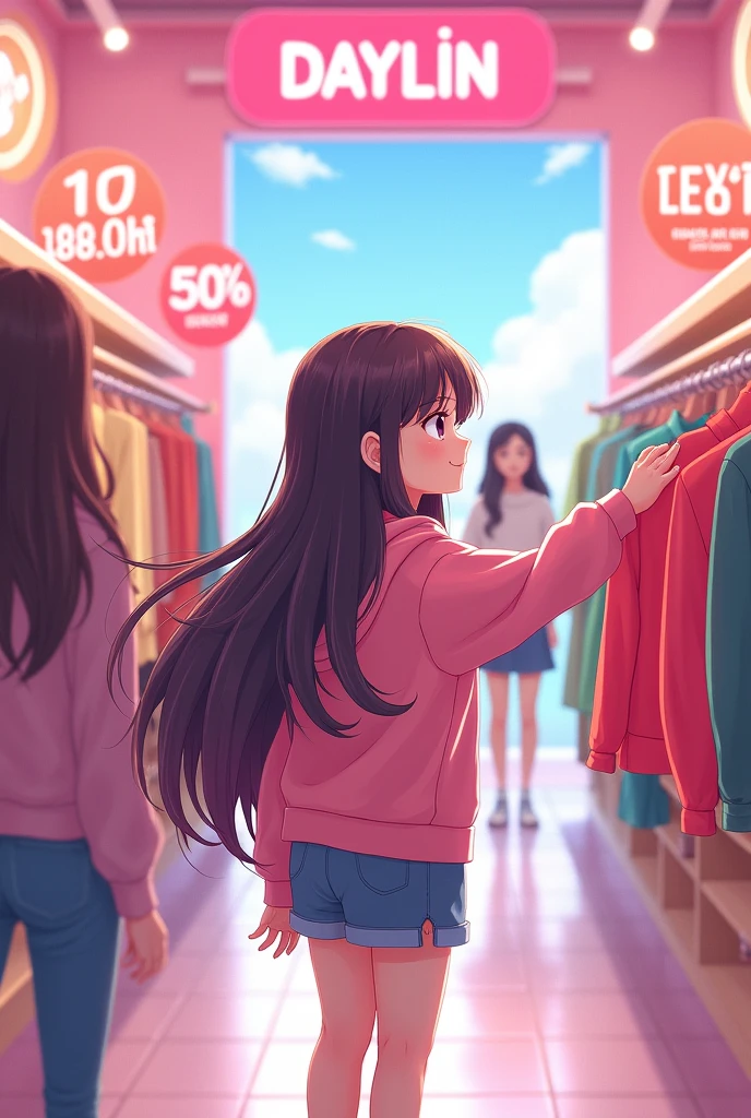 cute long-haired girl in a virtual clothing store called “DAYLIN” with several shopping cardtridges but touching a shirt from the store where everything is cheap with signs for sale and the store is pink with white and there are more happy people shopping in the background 
