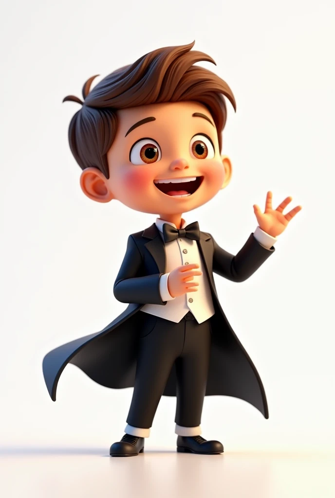 A happy and cute boy with short brown hair, wearing a magician's costume, white background, Pixar-style, 3d, Cartoon s, face detailed, asymmetric