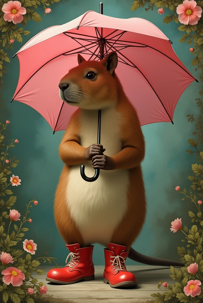 (photorealism:1.2), capybara wearing clown boots and a pink-kirby umbrella, by Greg Rutkowski, by Alphonse Mucha