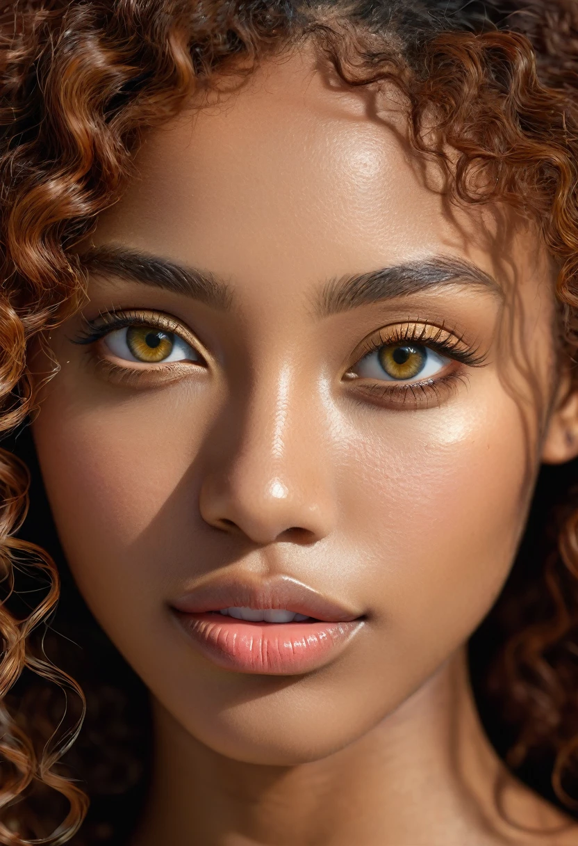 a beautiful young black woman, 26 years old, with long curly readhead hair, detailed perfect skin, beautiful almond clear yellow eyes, delicate nose and lips, height 170 cm, weight 75kg, realist, (Best Quality,4k,8k,High resolution,masterpiece:1.2),ultra detailed,(realist,photorealist,photo-realist:1.37),HdR,HD,studio lighting,Ultrafine paint,sharp focus,physically based rendering,extreme detailed description,professional,vivid colors,bokeh,portrait