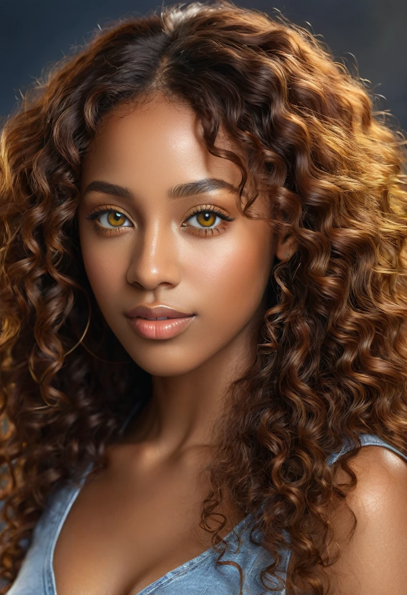 a beautiful young black woman, 26 years old, with long curly readhead hair, detailed perfect skin, beautiful almond clear yellow eyes, delicate nose and lips, height 170 cm, weight 75kg, realist, (Best Quality,4k,8k,High resolution,masterpiece:1.2),ultra detailed,(realist,photorealist,photo-realist:1.37),HdR,HD,studio lighting,Ultrafine paint,sharp focus,physically based rendering,extreme detailed description,professional,vivid colors,bokeh,portrait