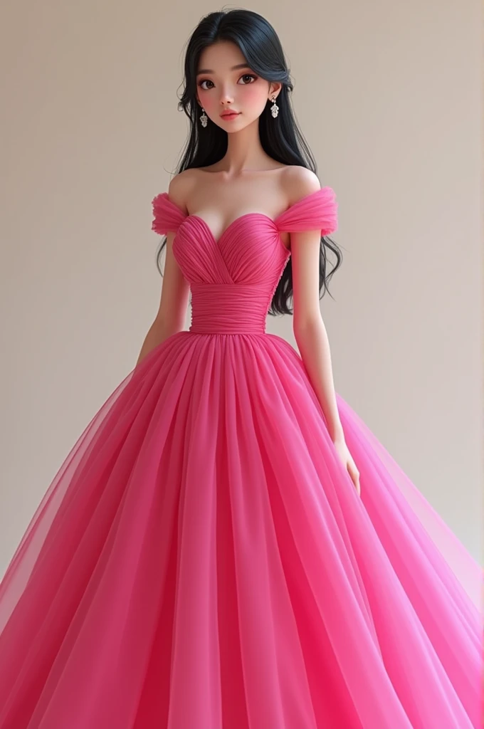 A debutante wearing a short-sleeved, very full, pink party dress, with long, straight black hair, dark almond eyes, fair skin, and a straight face, whole body cute

