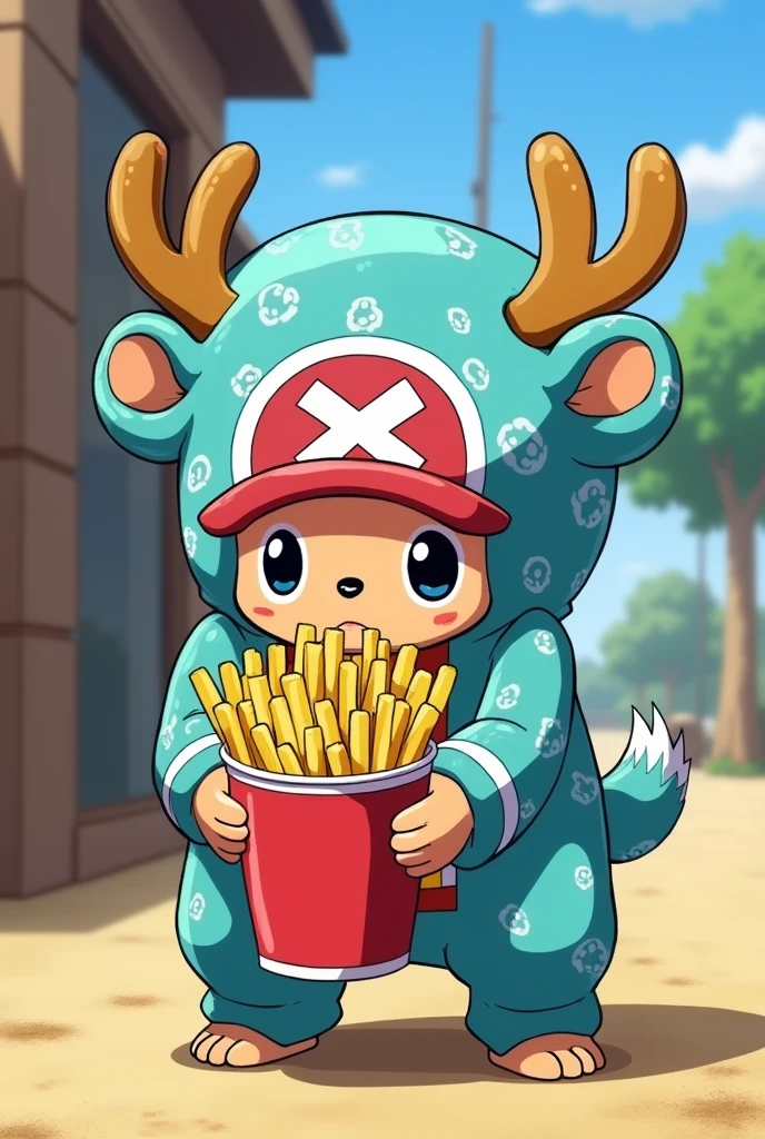 One Piece animated potato-horned Chopper with a cup of french fries

