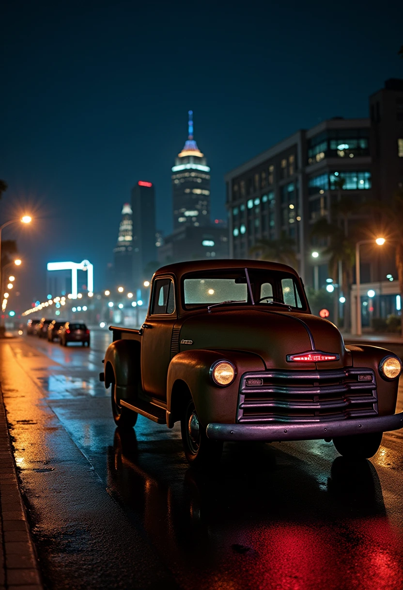 Old american tuned pick up truck on a dark city night with reflections 